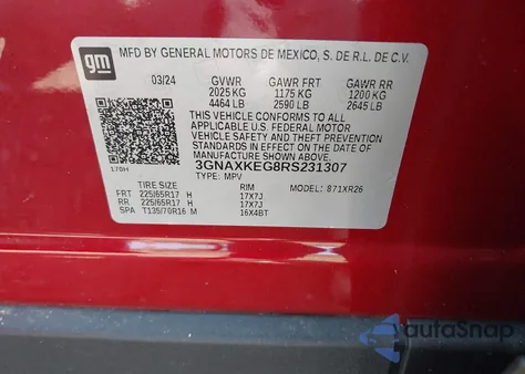 2024 Chevrolet Equinox Fwd Lt from USA, damaged, VIN 3GNAXKEG8RS231307
